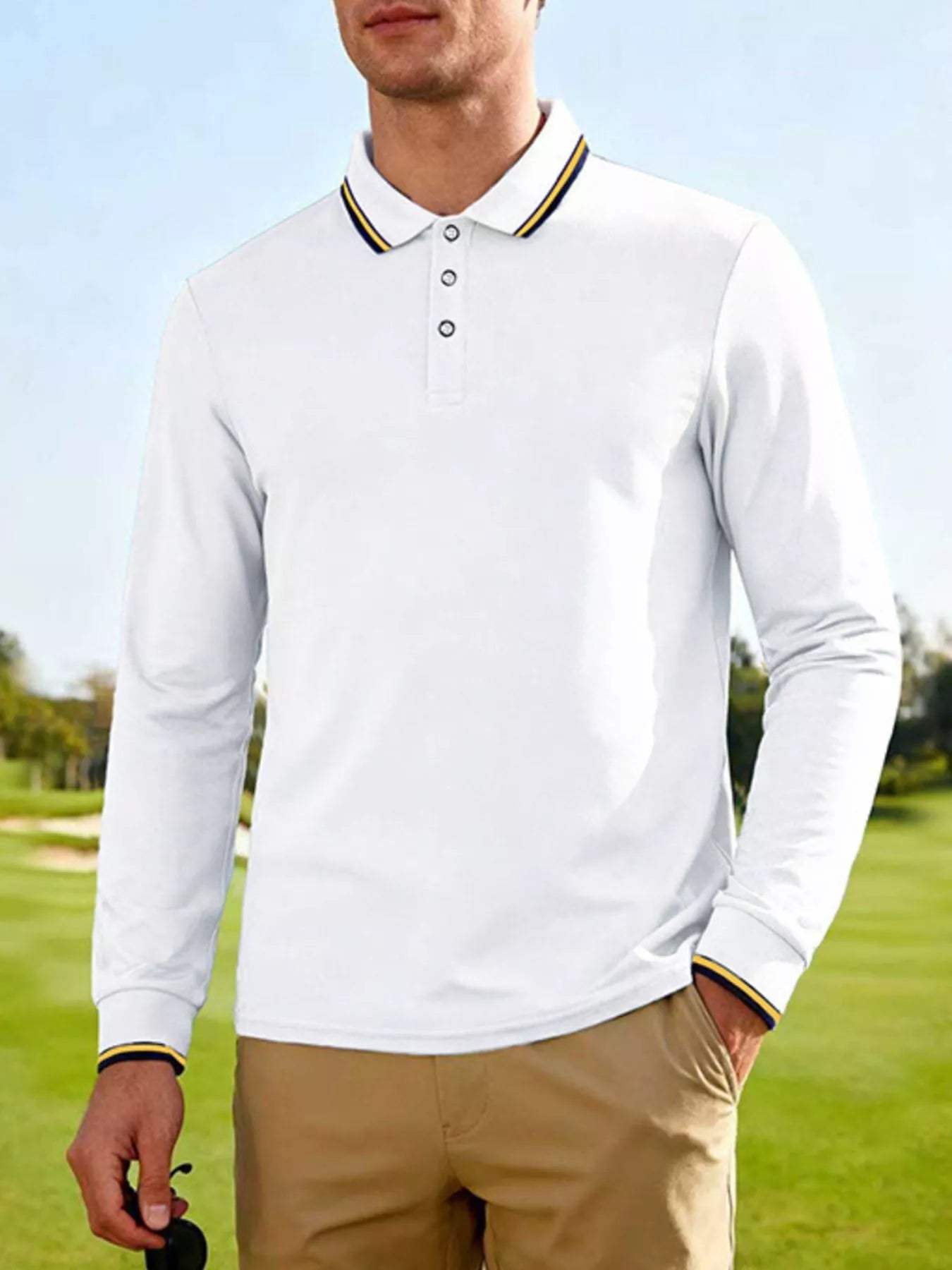 Men's Full Size Classic Long-Sleeve Polo with Striped Collar Plus Size designed for comfort and style at Lookzlike