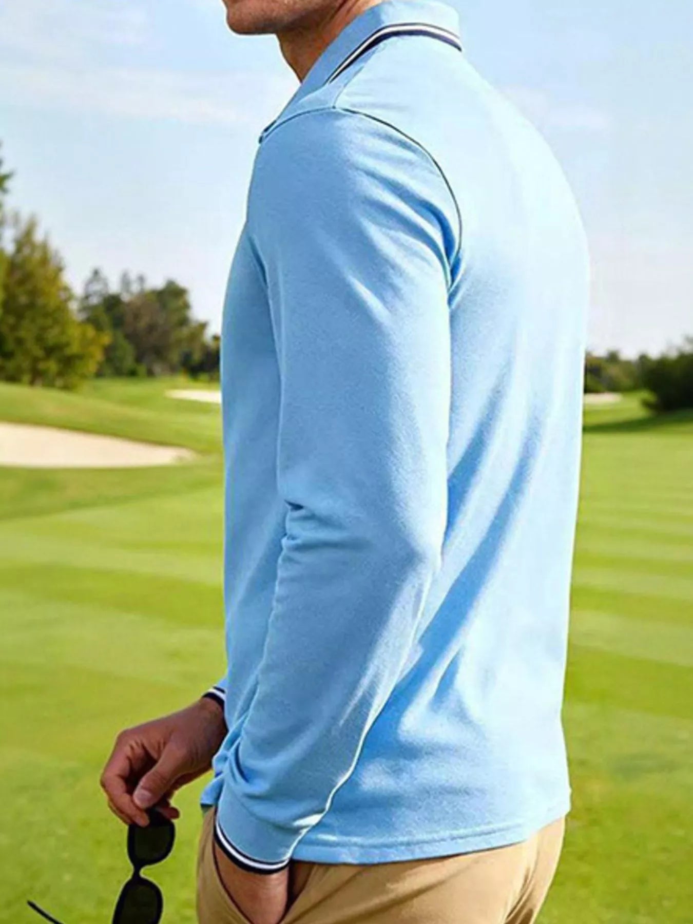 Men's Full Size Classic Long-Sleeve Polo with Striped Collar Plus Size designed for comfort and style at Lookzlike