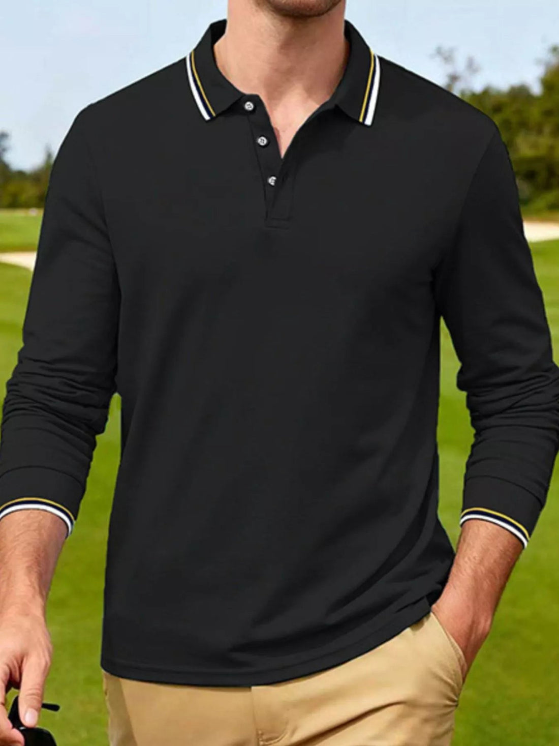 Men's Full Size Classic Long-Sleeve Polo with Striped Collar Plus Size designed for comfort and style at Lookzlike