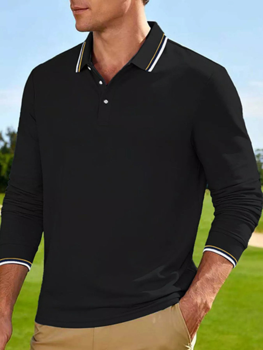 Men's Full Size Classic Long-Sleeve Polo with Striped Collar Plus Size designed for comfort and style at Lookzlike