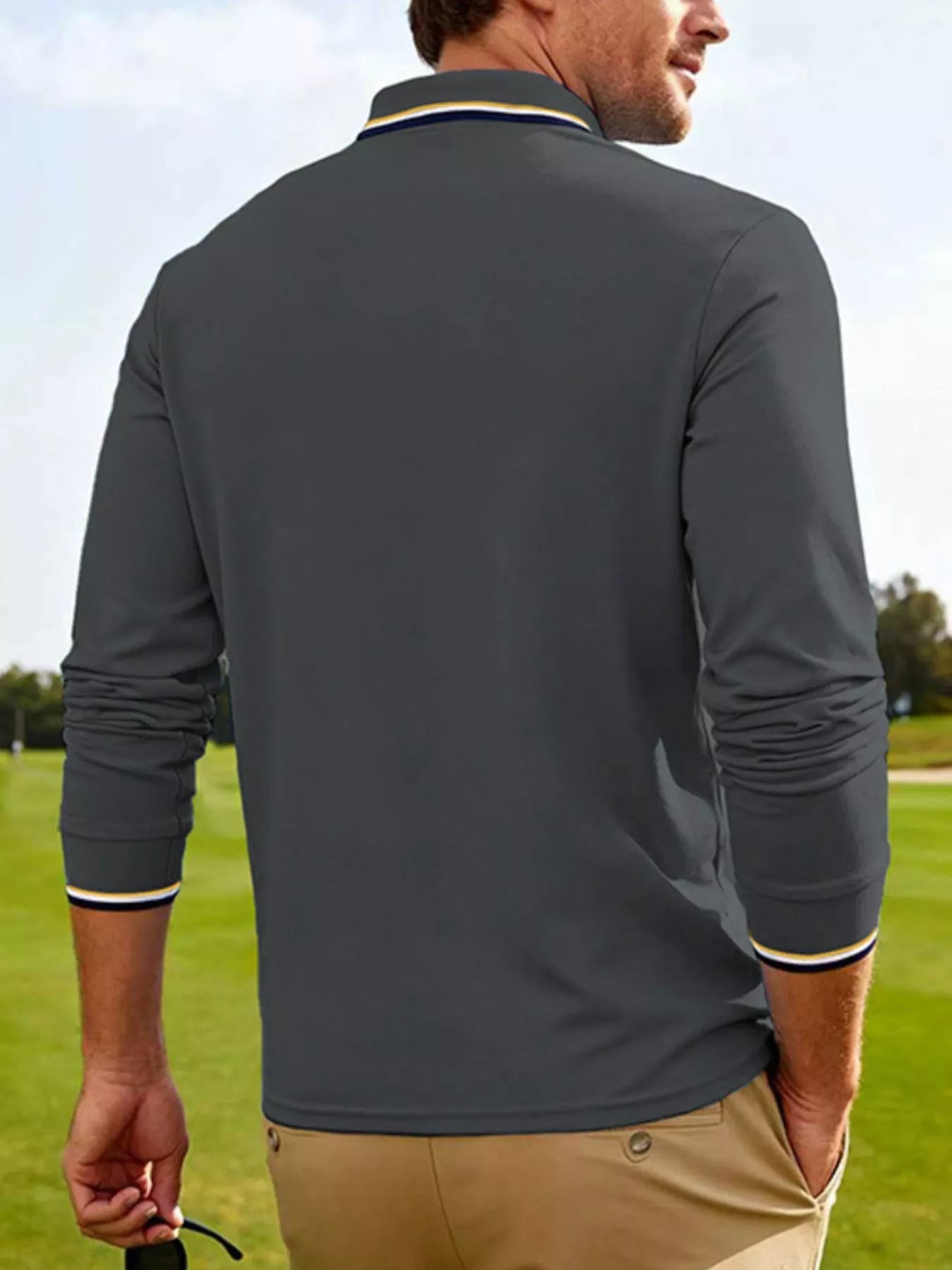 Men's Full Size Classic Long-Sleeve Polo with Striped Collar Plus Size designed for comfort and style at Lookzlike