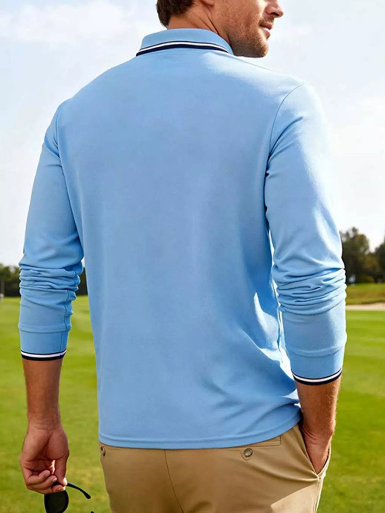 Men's Full Size Classic Long-Sleeve Polo with Striped Collar Plus Size designed for comfort and style at Lookzlike