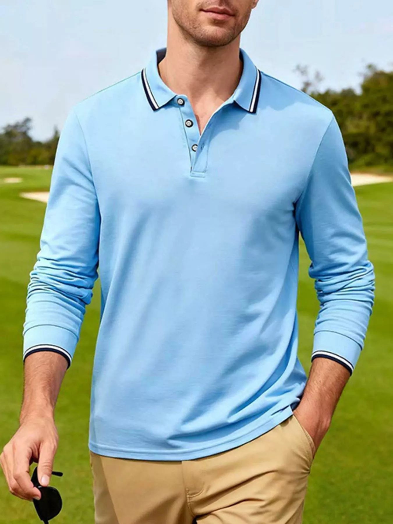 Men's Full Size Classic Long-Sleeve Polo with Striped Collar Plus Size designed for comfort and style at Lookzlike