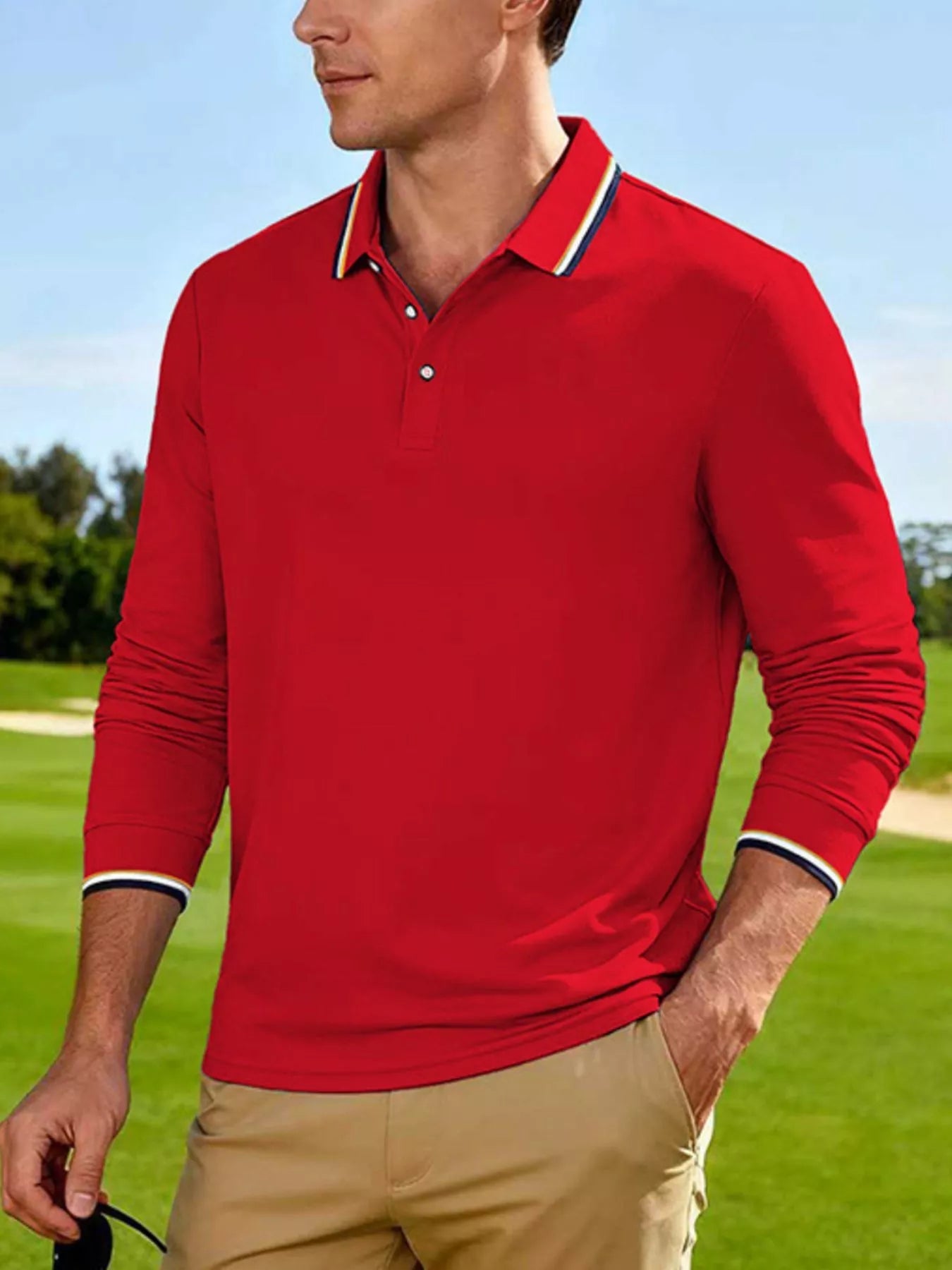 Men's Full Size Classic Long-Sleeve Polo with Striped Collar Plus Size designed for comfort and style at Lookzlike