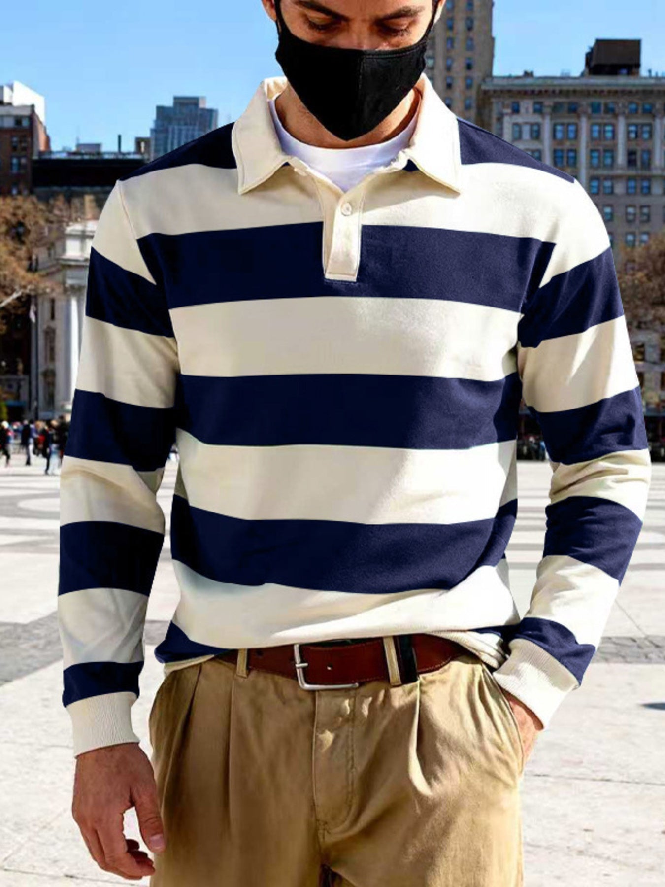 Men's Full Size Classic Striped Long-Sleeve Polo Plus Size designed for comfort and style at Lookzlike