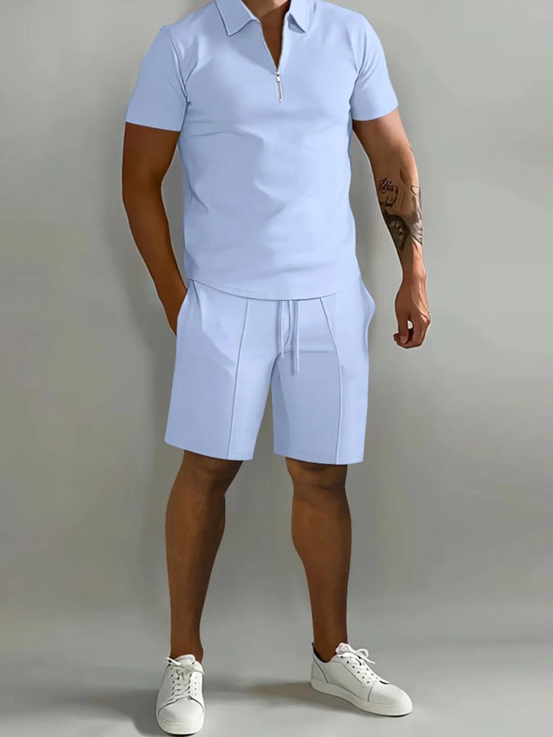 Men's Full Size Collared Neck Short Sleeve Top and Shorts Set Plus Size - Lookzlike