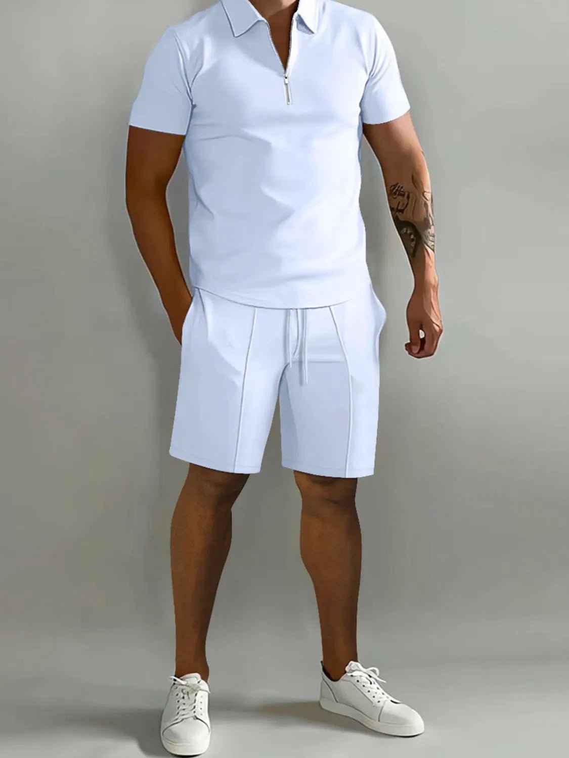 Men's Full Size Collared Neck Short Sleeve Top and Shorts Set Plus Size - Lookzlike