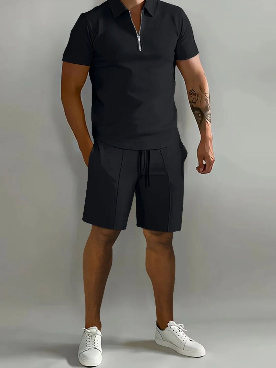 Men's Full Size Collared Neck Short Sleeve Top and Shorts Set Plus Size - Lookzlike