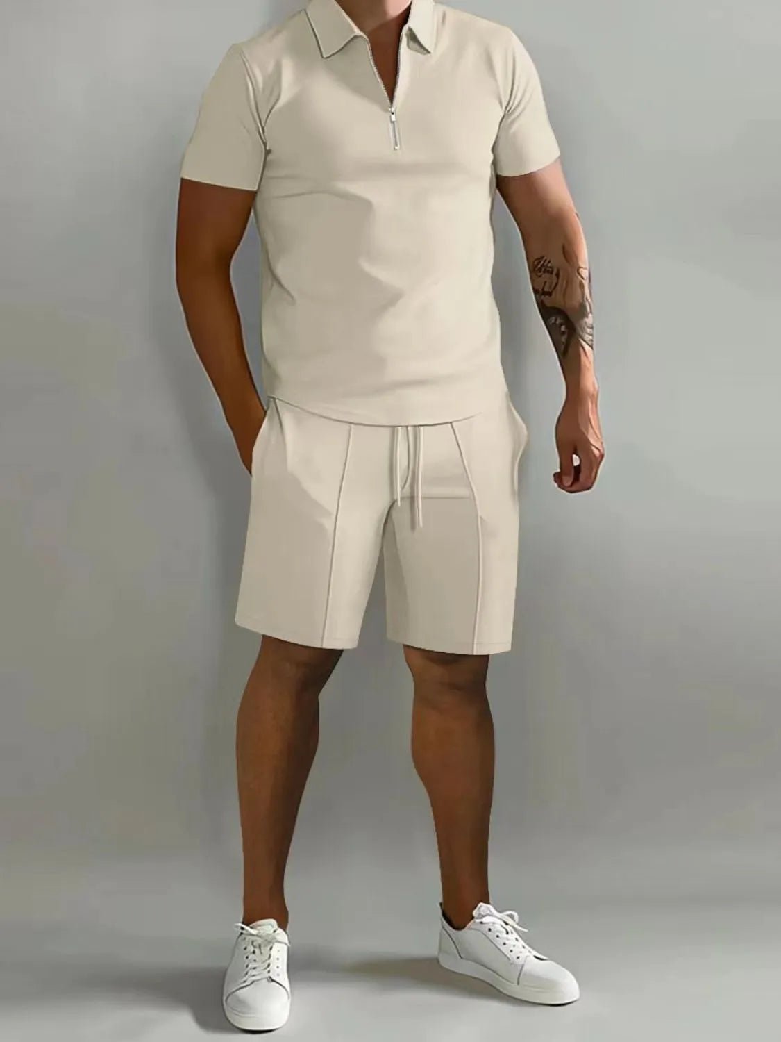 Men's Full Size Collared Neck Short Sleeve Top and Shorts Set Plus Size - Lookzlike