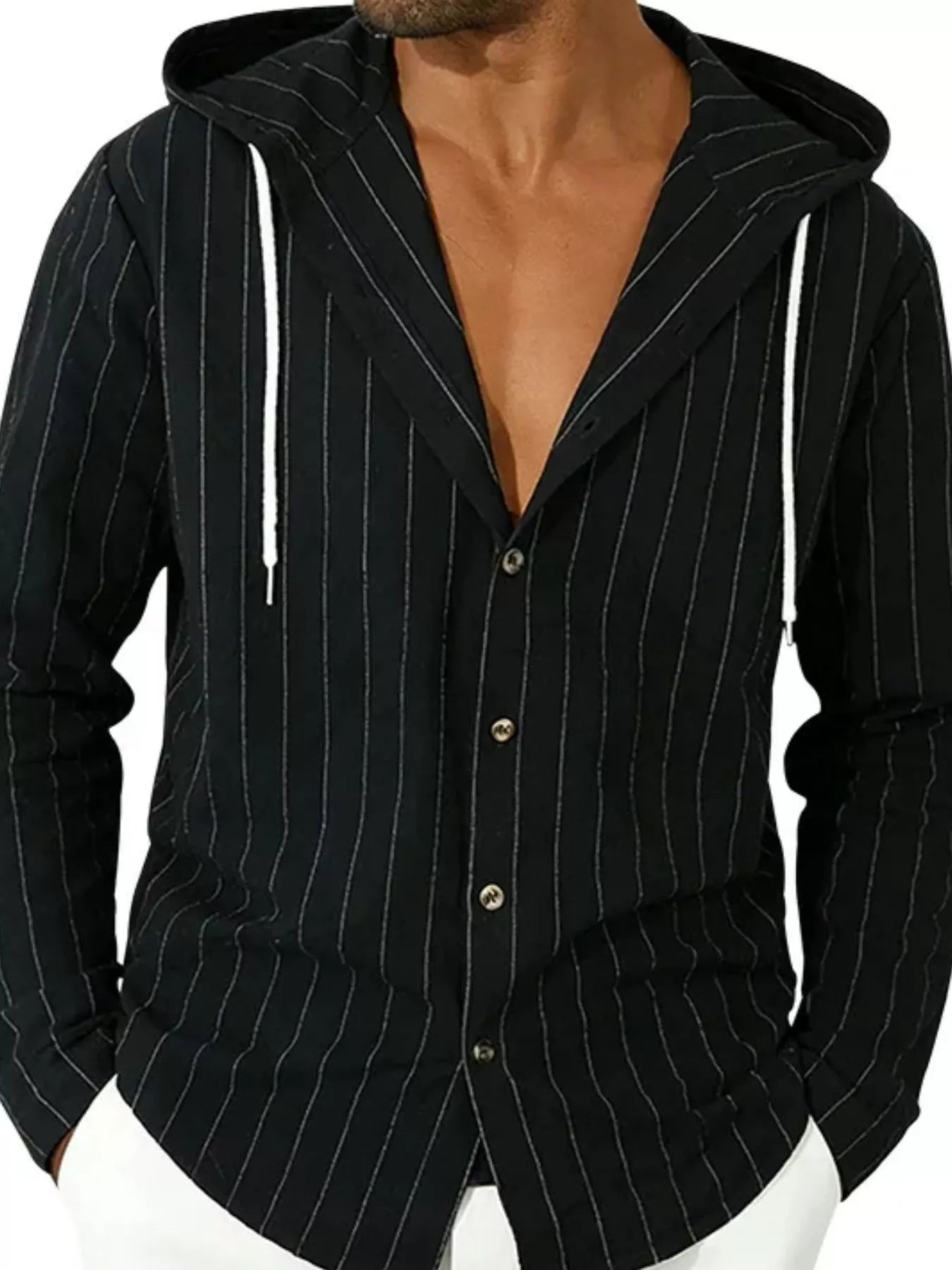 Men's Full Size Drawstring Hooded Button Up Shirt Plus Size designed for comfort and style at Lookzlike
