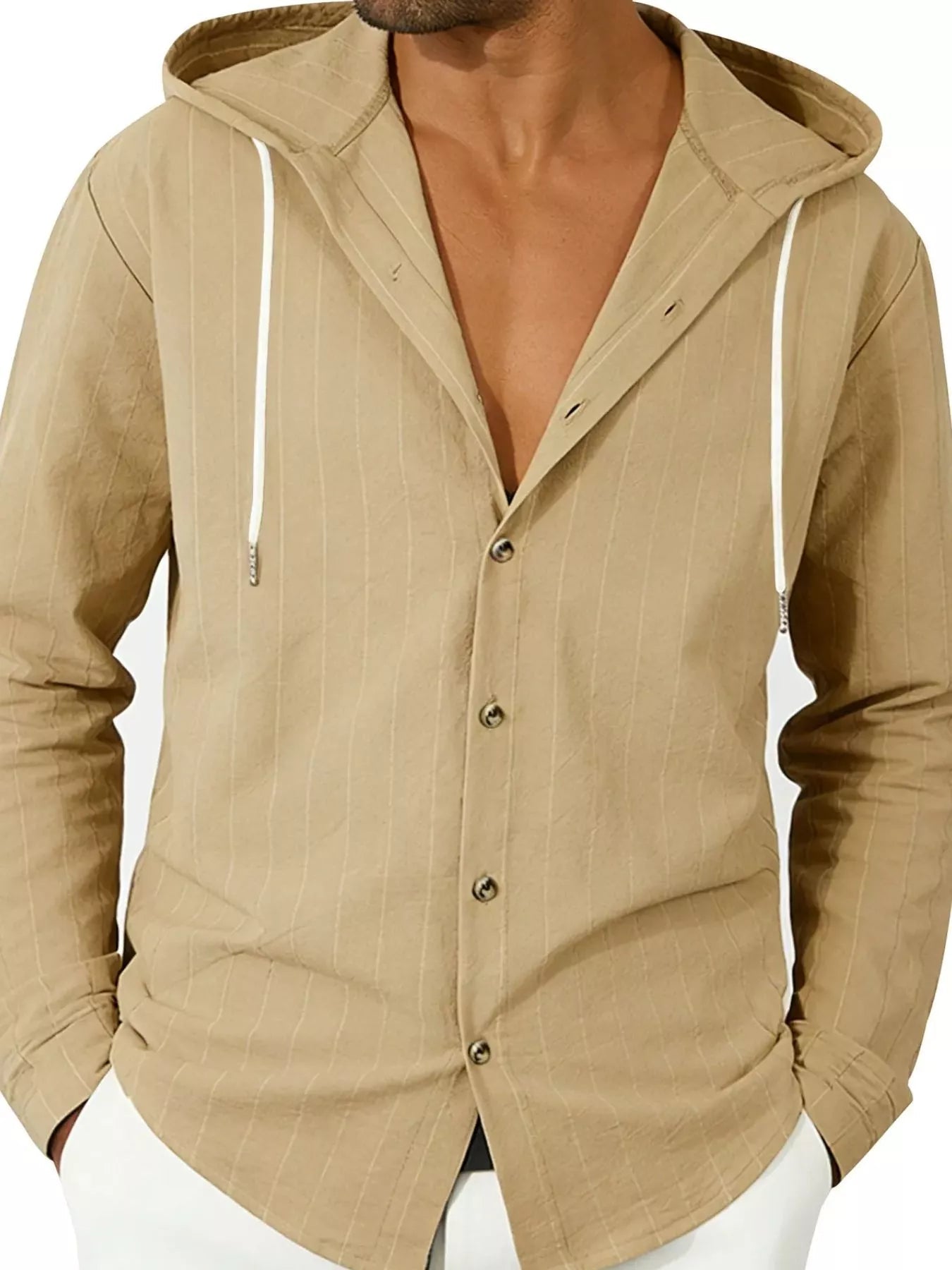 Men's Full Size Drawstring Hooded Button Up Shirt Plus Size designed for comfort and style at Lookzlike