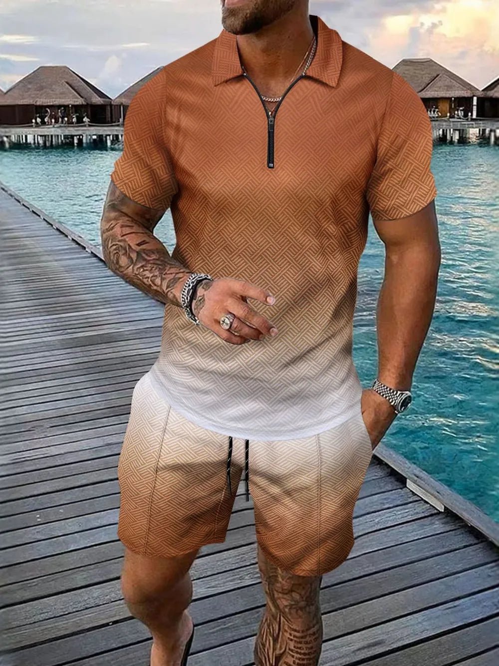 Men's Full Size Gradient Collared Neck Top and Shorts Set Plus Size - Lookzlike