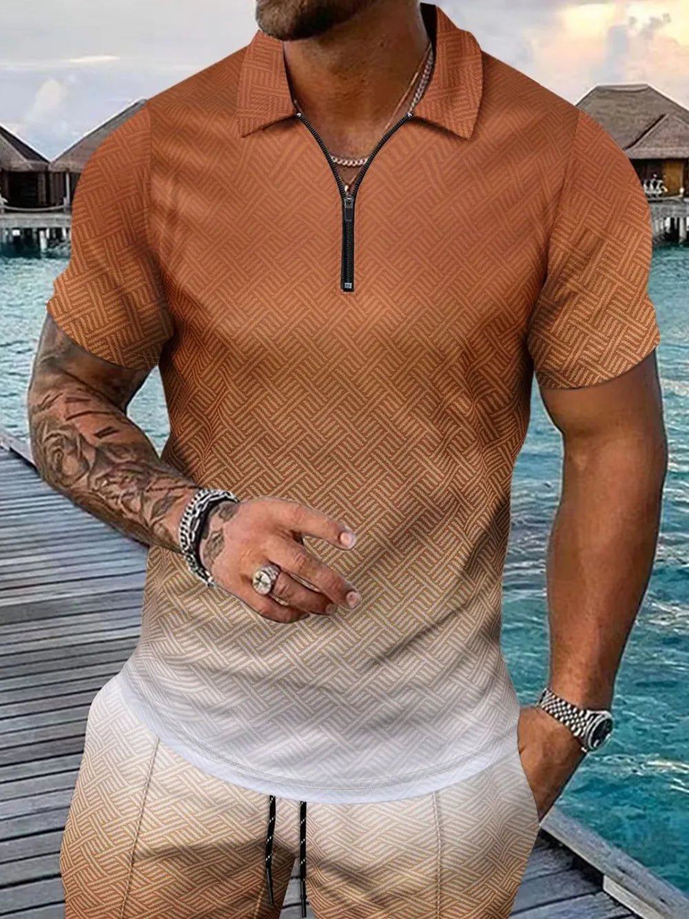 Men's Full Size Gradient Collared Neck Top and Shorts Set Plus Size - Lookzlike