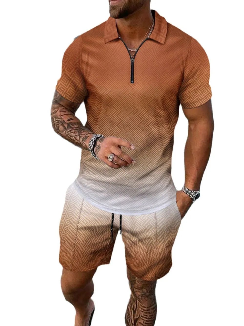 Men's Full Size Gradient Collared Neck Top and Shorts Set Plus Size - Lookzlike