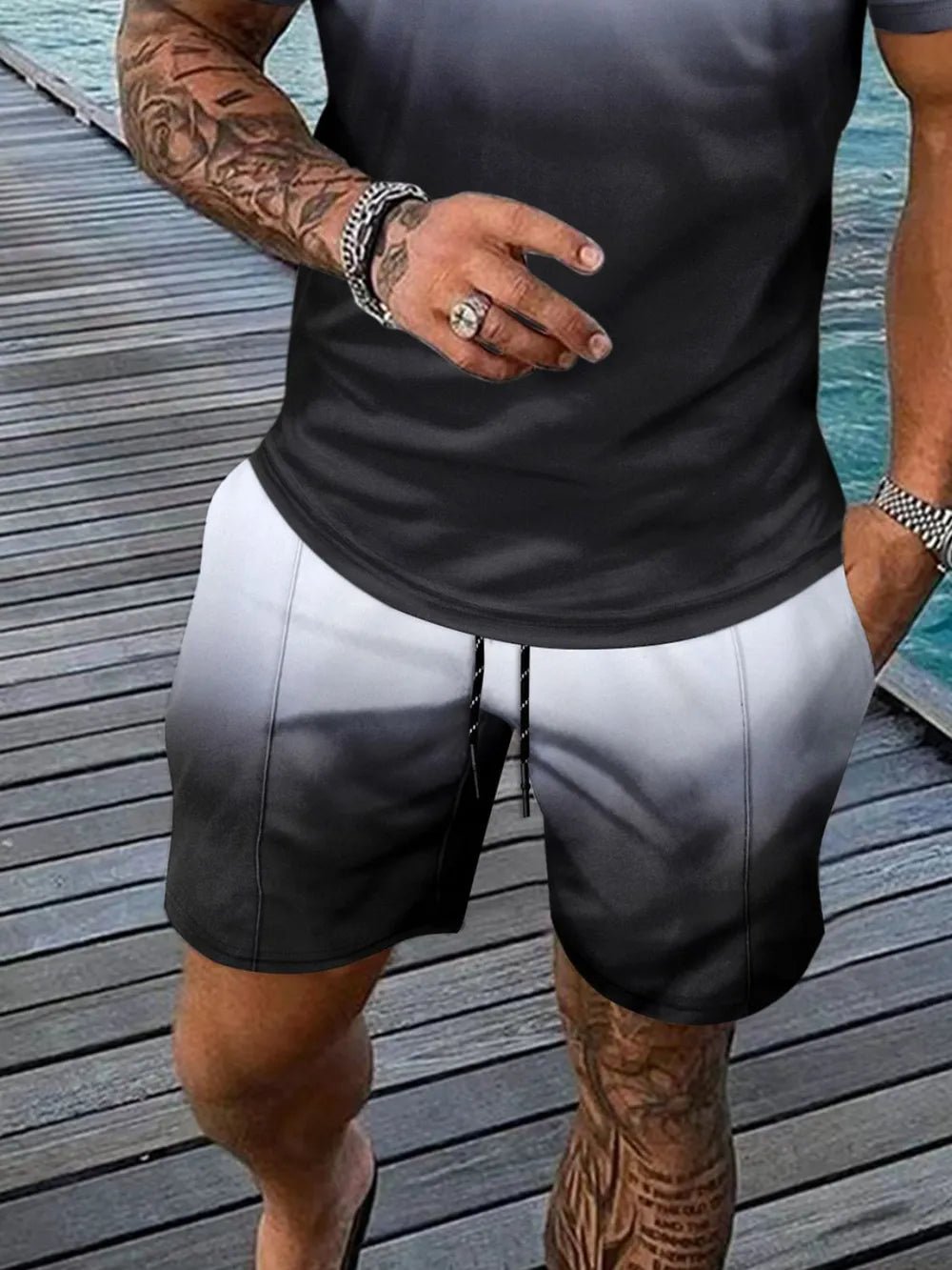 Men's Full Size Gradient Collared Neck Top and Shorts Set Plus Size - Lookzlike