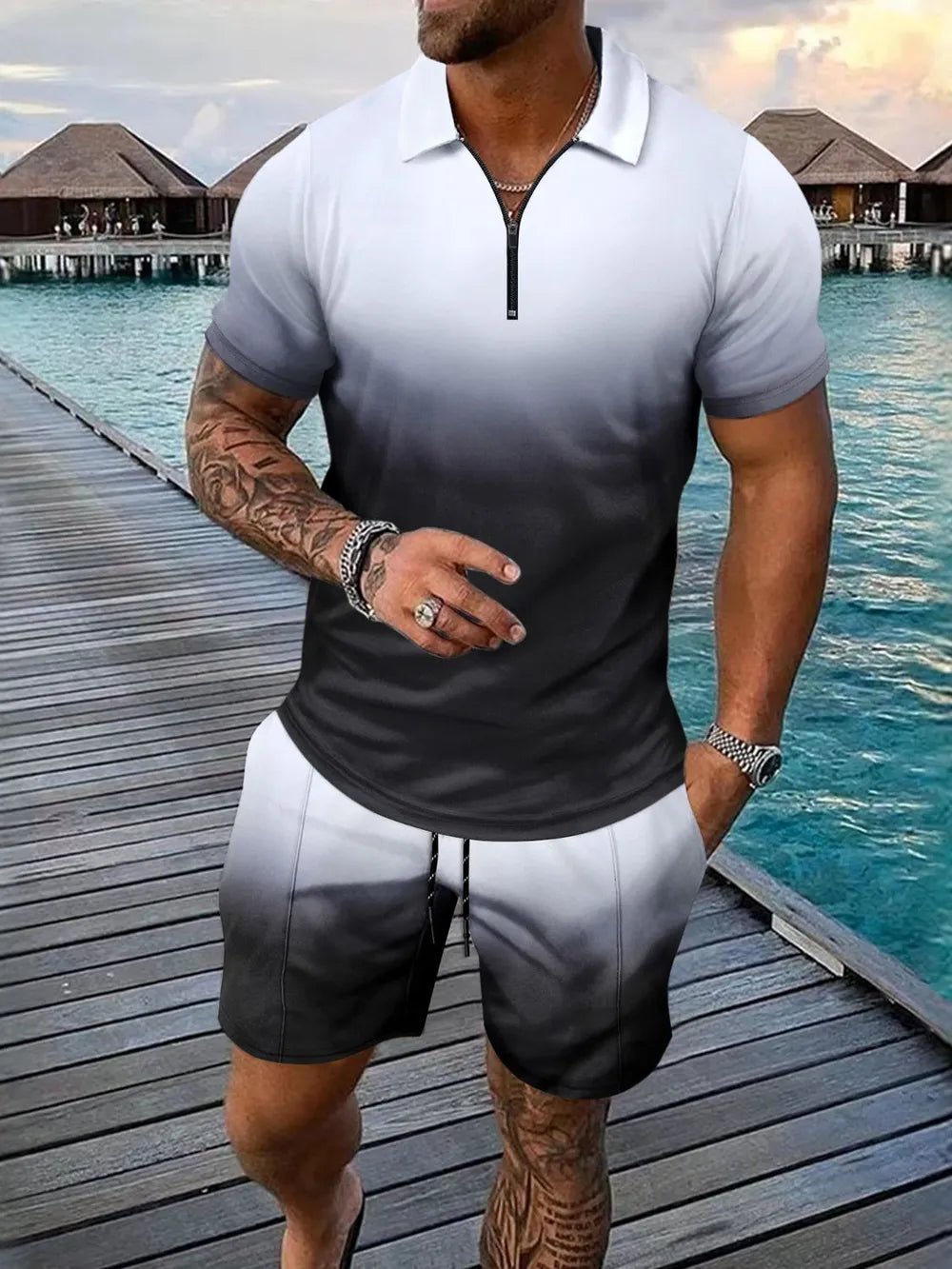 Men's Full Size Gradient Collared Neck Top and Shorts Set Plus Size - Lookzlike