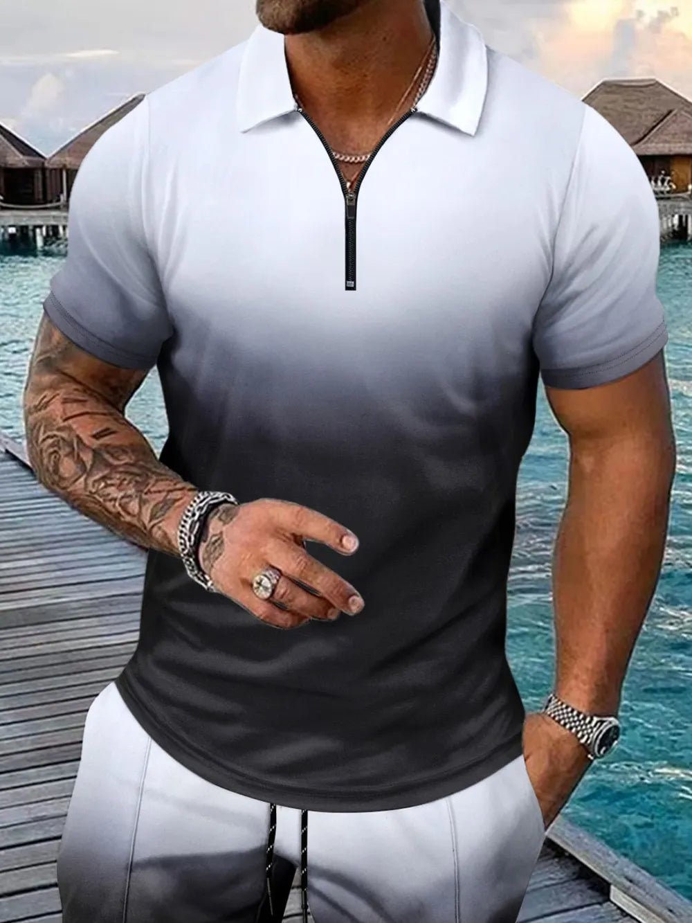 Men's Full Size Gradient Collared Neck Top and Shorts Set Plus Size - Lookzlike