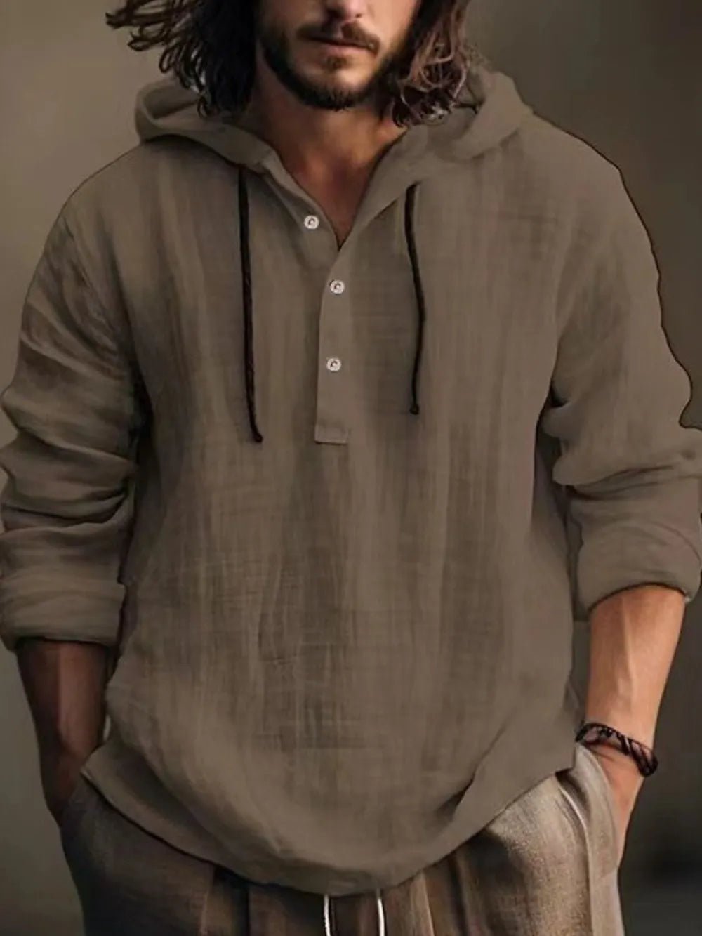 Men's Full Size Half Button Long Sleeve Hoodie - Lookzlike