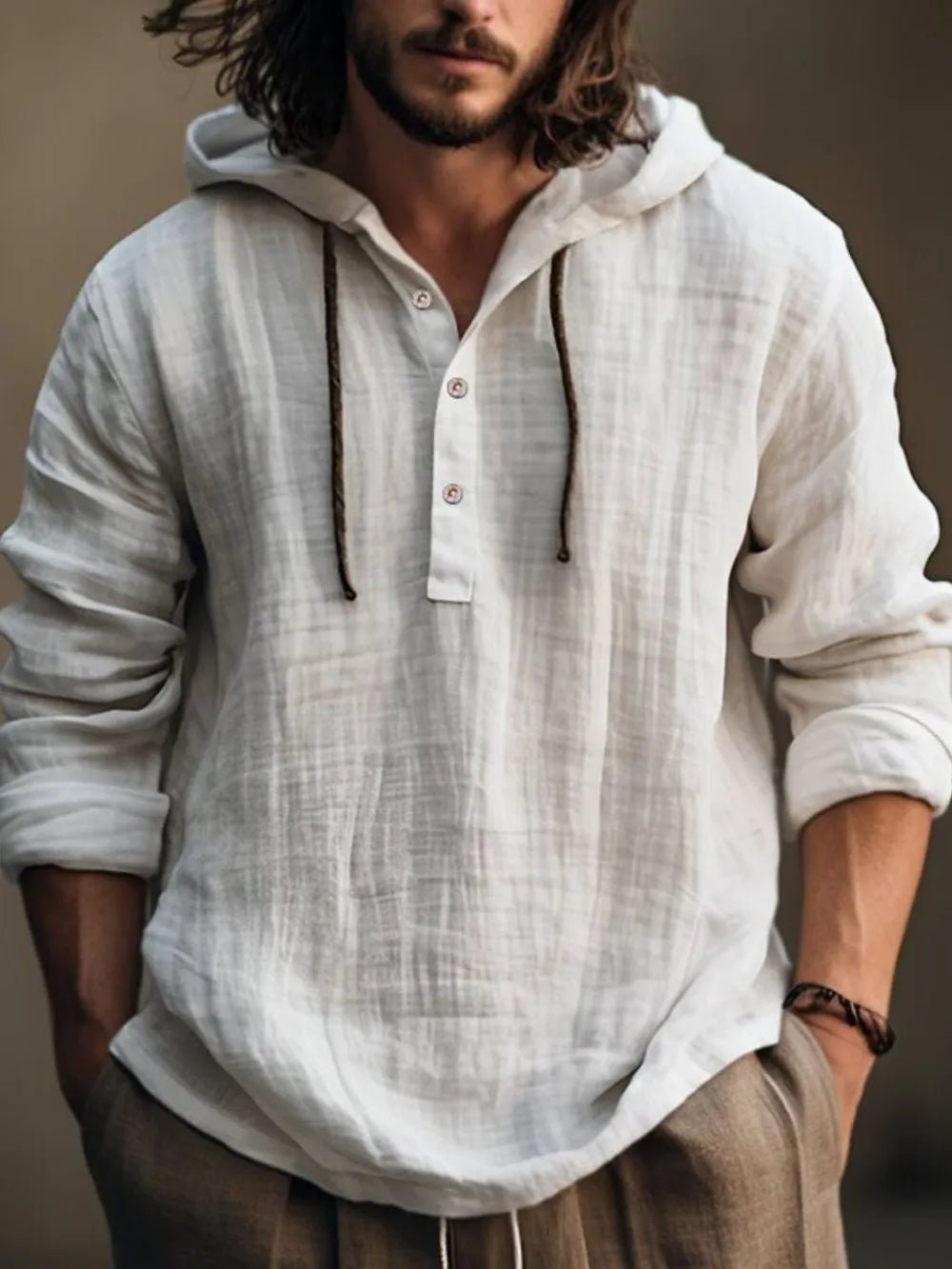 Men's Full Size Half Button Long Sleeve Hoodie - Lookzlike