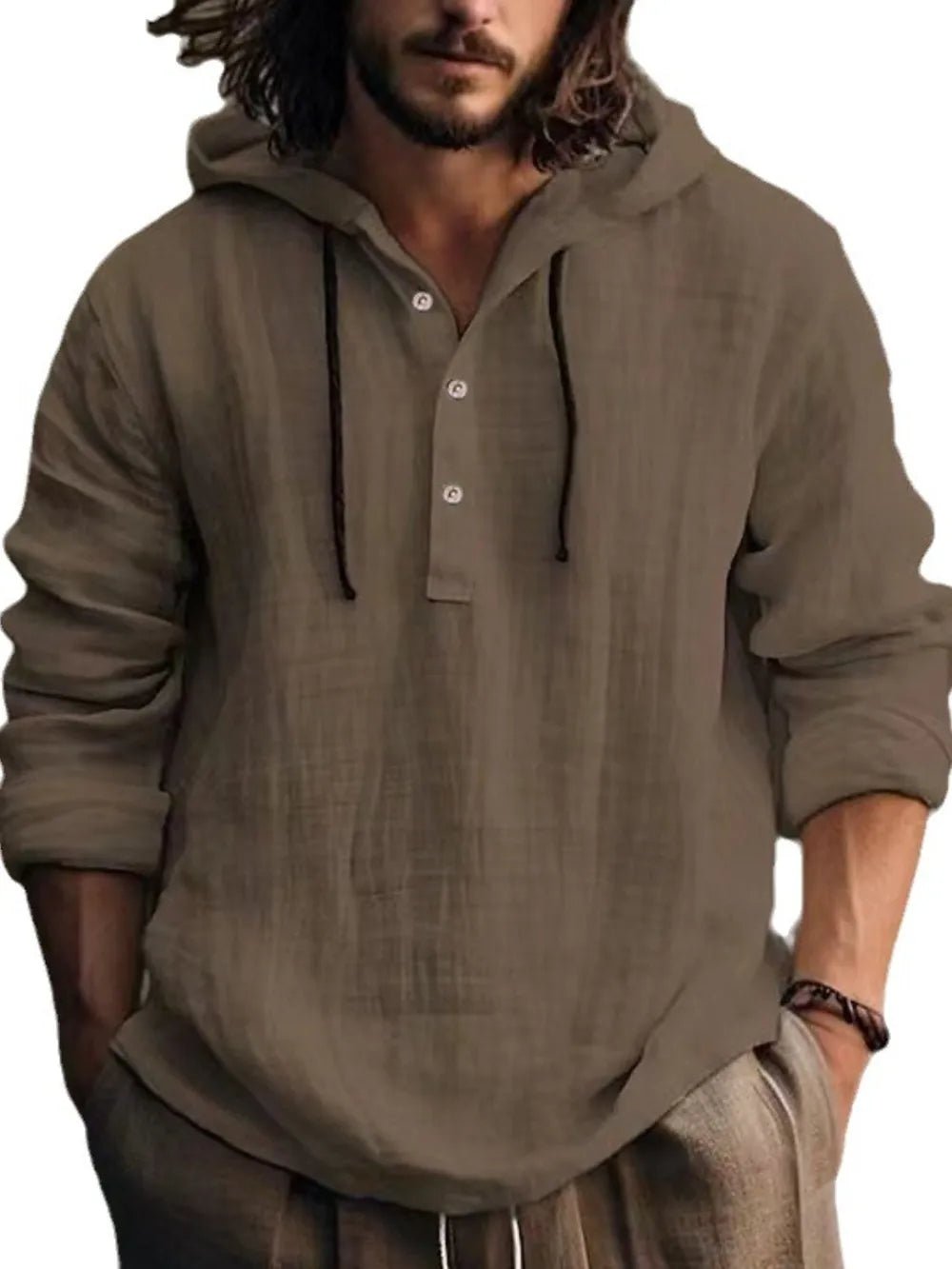 Men's Full Size Half Button Long Sleeve Hoodie - Lookzlike