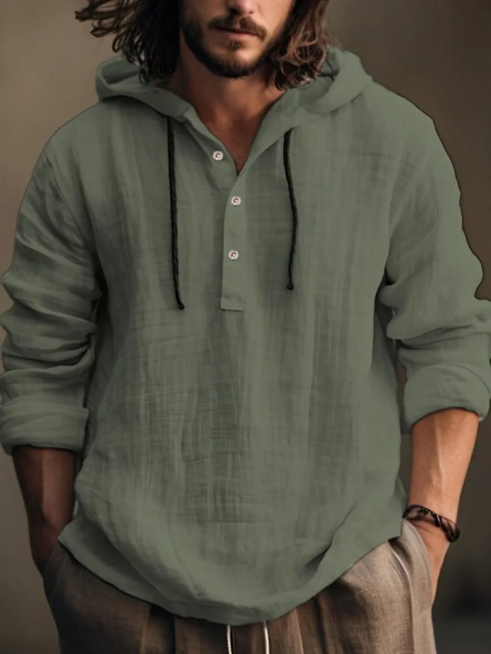 Men's Full Size Half Button Long Sleeve Hoodie - Lookzlike