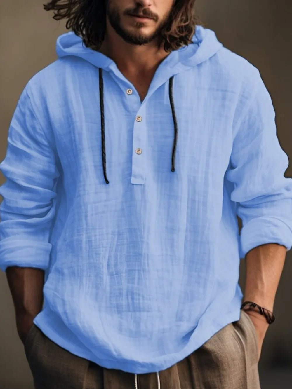 Men's Full Size Half Button Long Sleeve Hoodie - Lookzlike