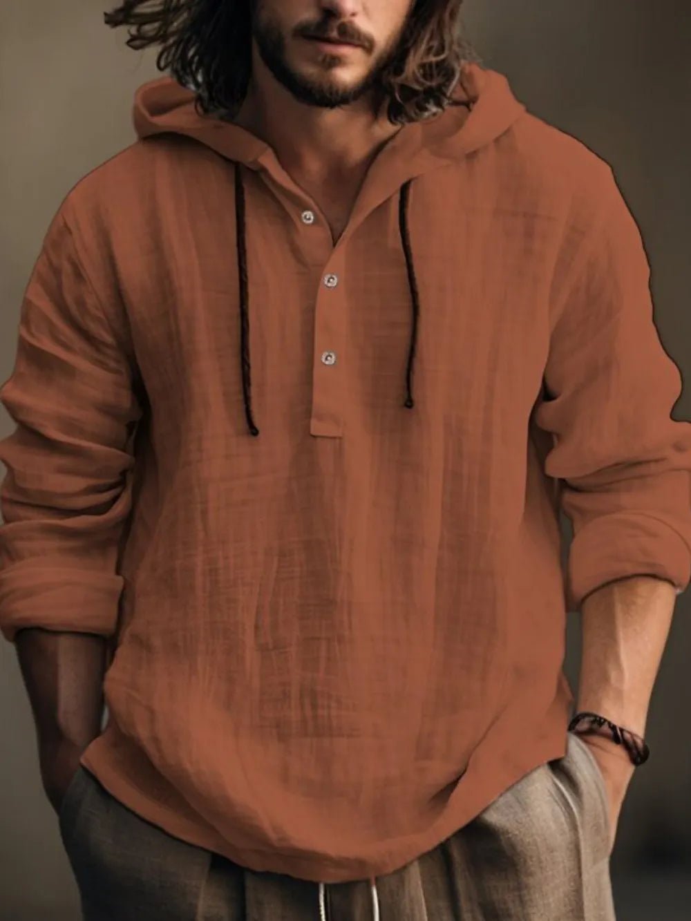 Men's Full Size Half Button Long Sleeve Hoodie - Lookzlike