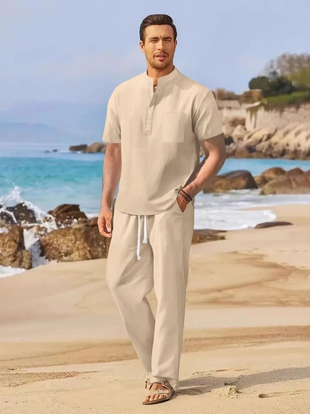 Men's Full Size Half Button Top and Drawstring Pants Set Plus Size - Lookzlike