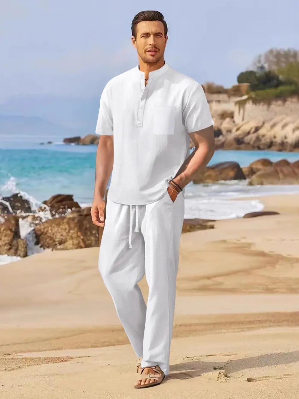 Men's Full Size Half Button Top and Drawstring Pants Set Plus Size - Lookzlike