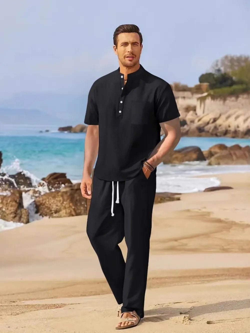 Men's Full Size Half Button Top and Drawstring Pants Set Plus Size - Lookzlike