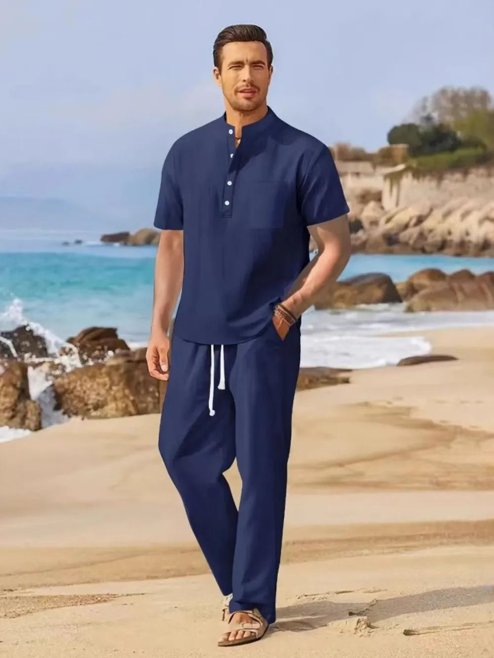 Men's Full Size Half Button Top and Drawstring Pants Set Plus Size - Lookzlike