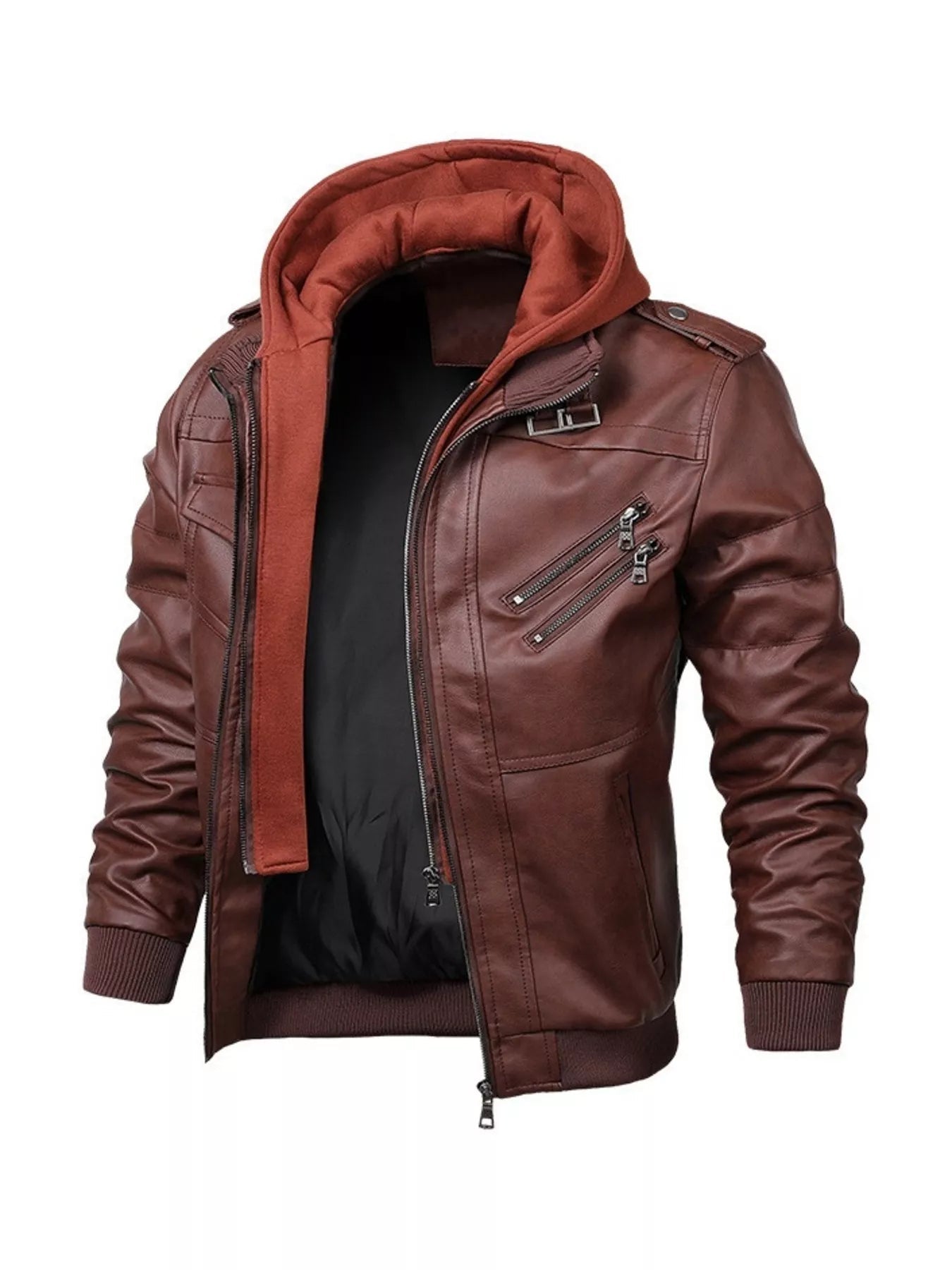 Men's Full Size Hooded Faux Leather Moto Jacket Plus Size designed for comfort and style at Lookzlike