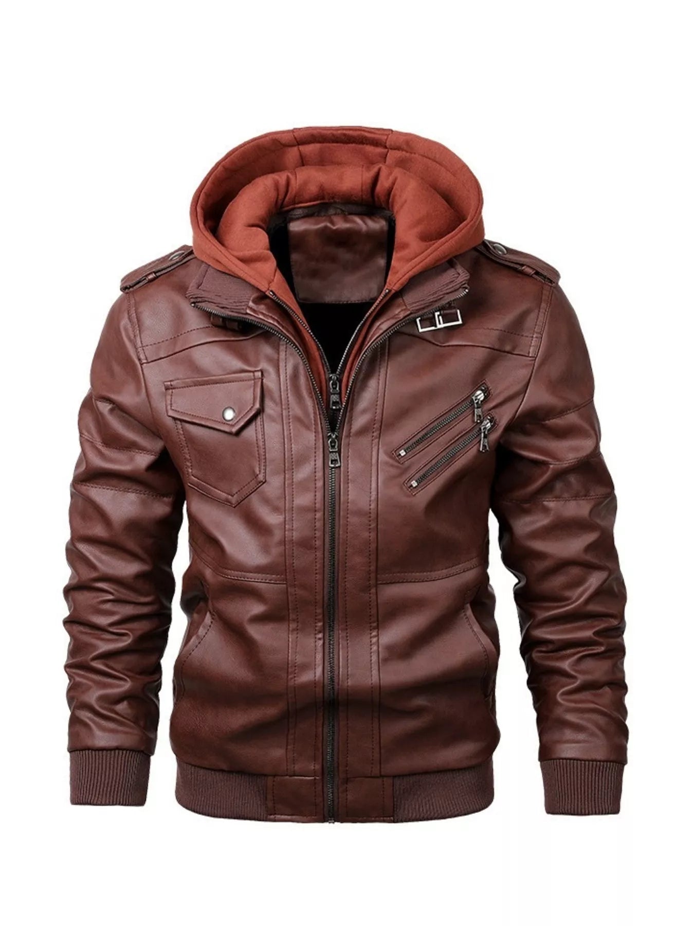 Men's Full Size Hooded Faux Leather Moto Jacket Plus Size designed for comfort and style at Lookzlike