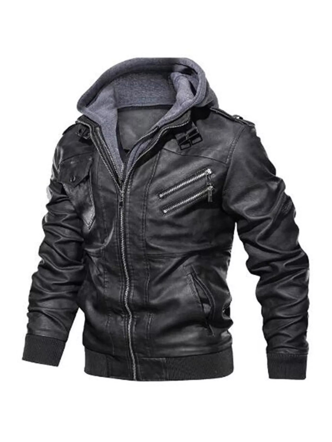 Men's Full Size Hooded Faux Leather Moto Jacket Plus Size designed for comfort and style at Lookzlike