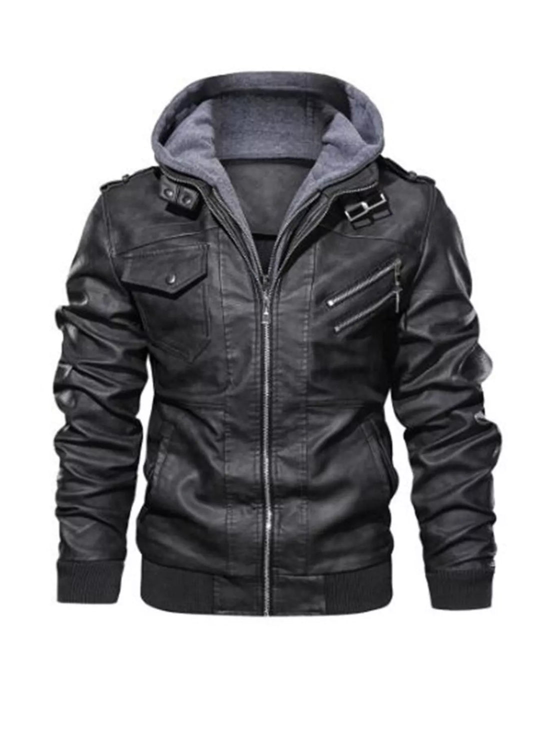 Men's Full Size Hooded Faux Leather Moto Jacket Plus Size designed for comfort and style at Lookzlike