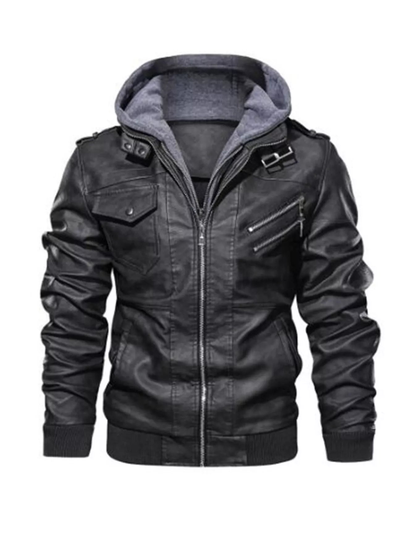 Men's Full Size Hooded Faux Leather Moto Jacket Plus Size designed for comfort and style at Lookzlike