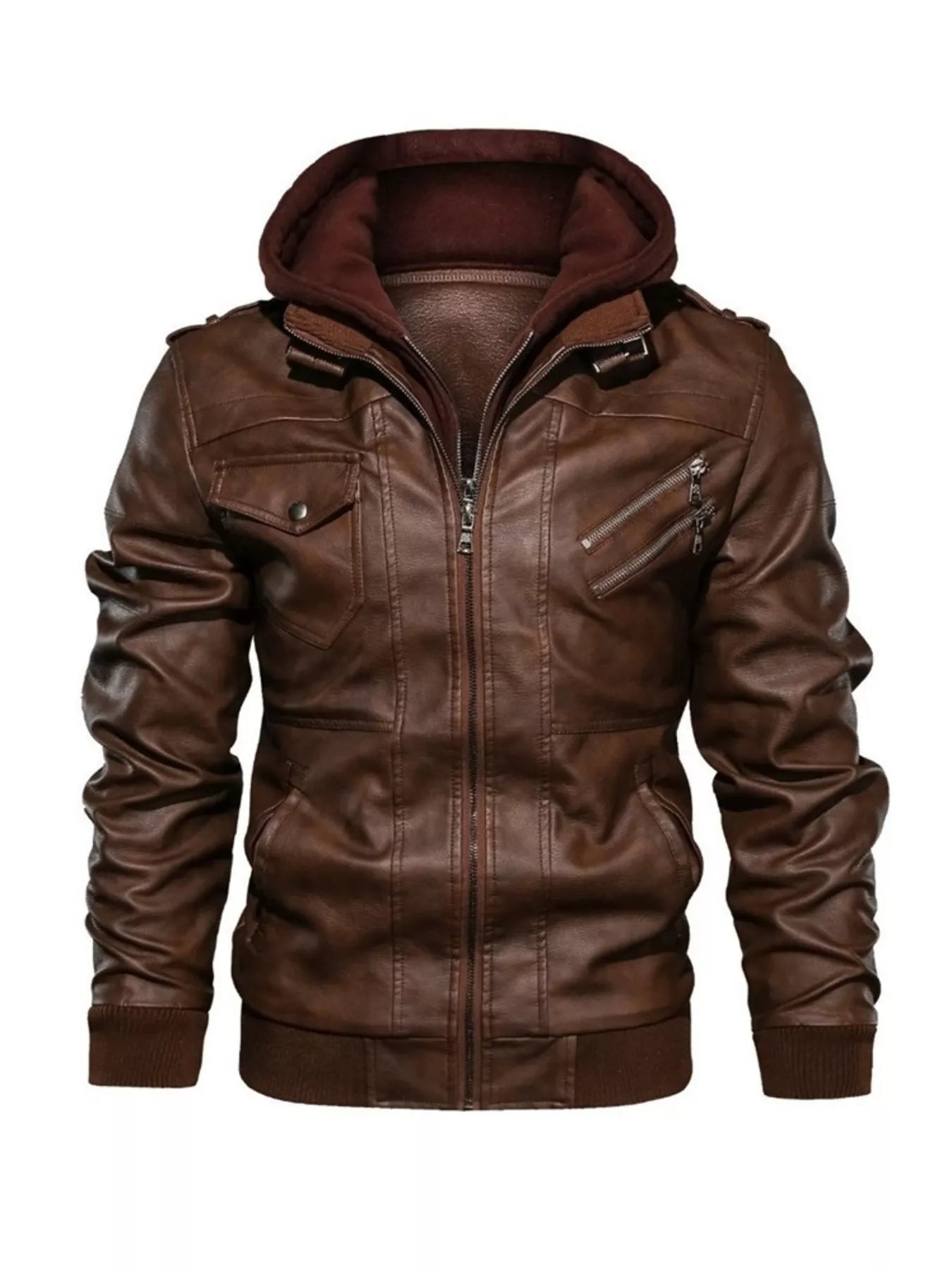 Men's Full Size Hooded Faux Leather Moto Jacket Plus Size designed for comfort and style at Lookzlike