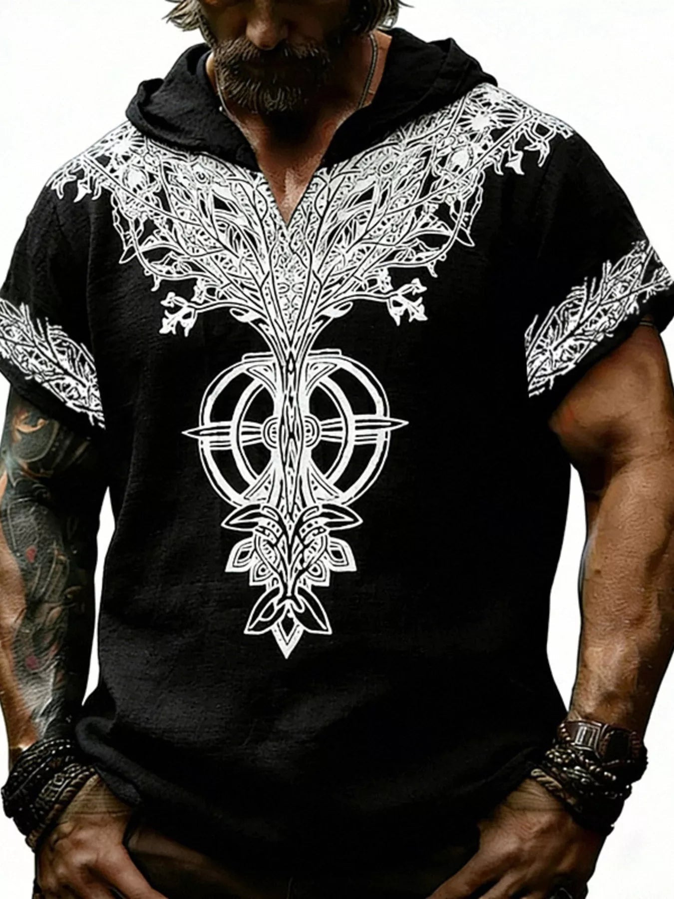 Men's Full Size Printed Hooded Short Sleeve Top Plus Size designed for comfort and style at Lookzlike