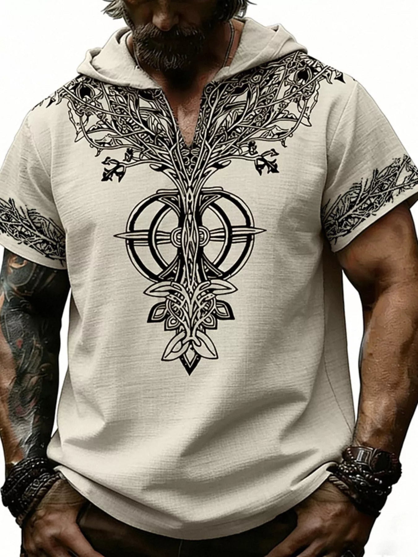 Men's Full Size Printed Hooded Short Sleeve Top Plus Size designed for comfort and style at Lookzlike