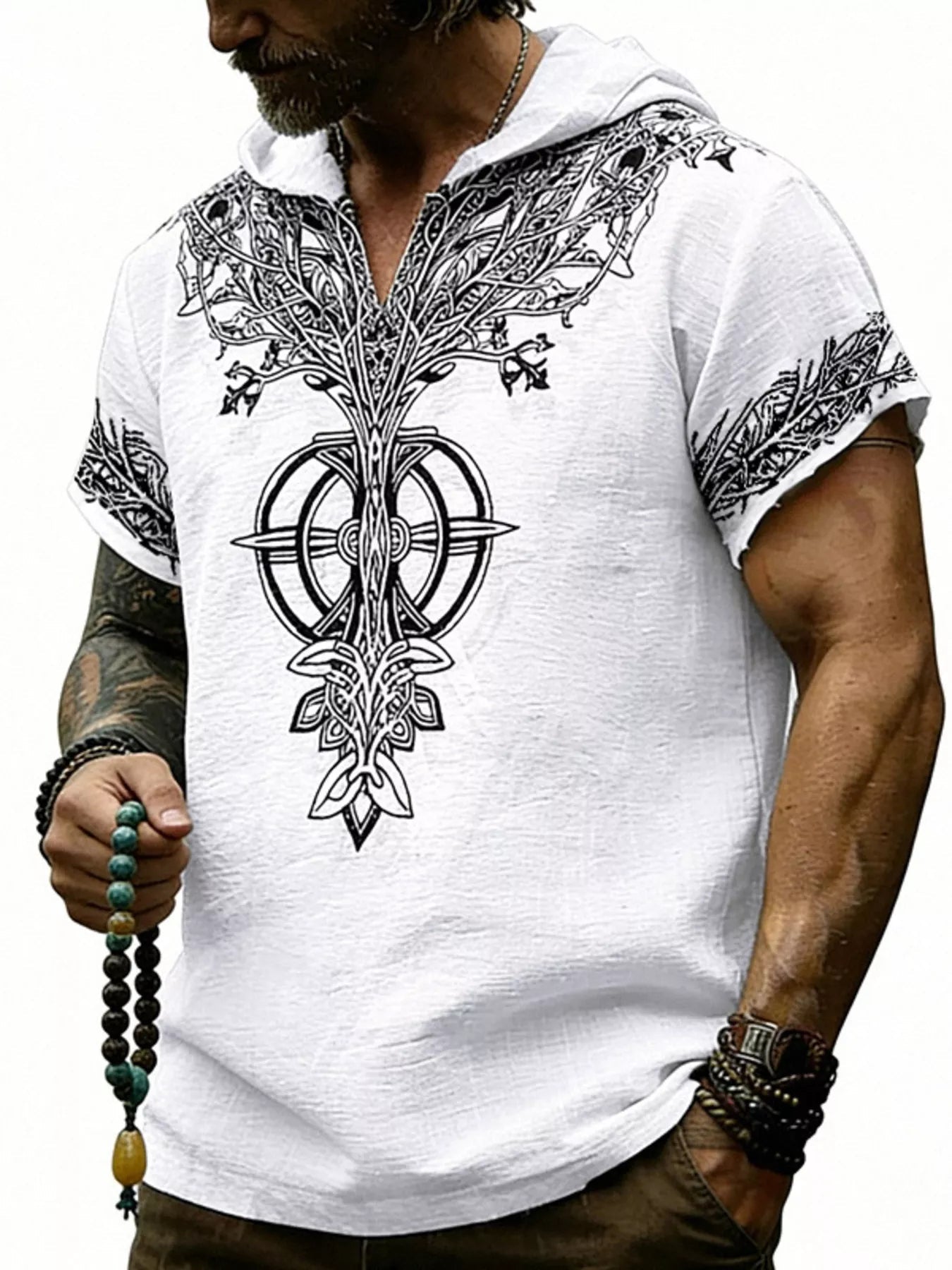 Men's Full Size Printed Hooded Short Sleeve Top Plus Size designed for comfort and style at Lookzlike