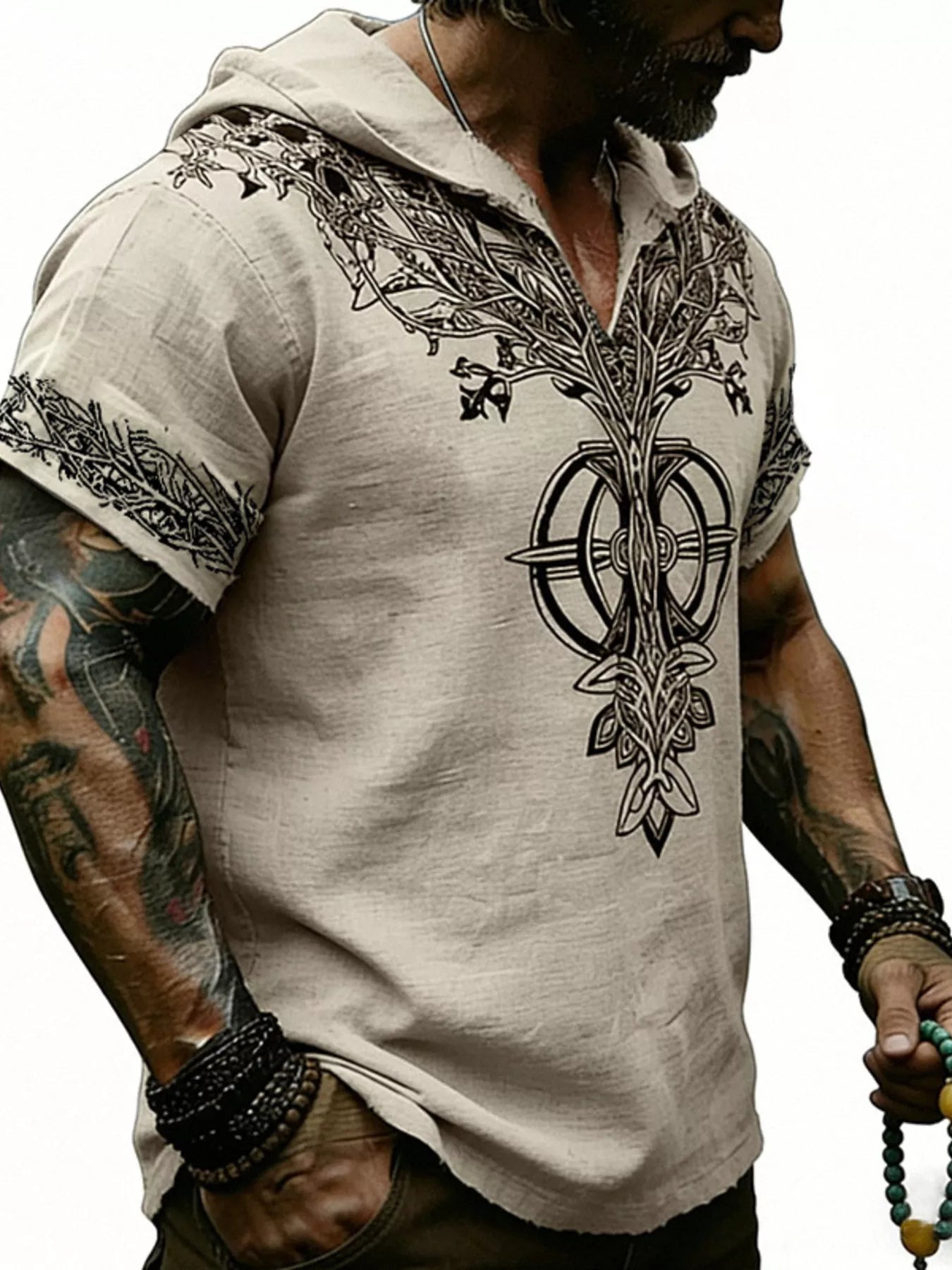 Men's Full Size Printed Hooded Short Sleeve Top Plus Size designed for comfort and style at Lookzlike