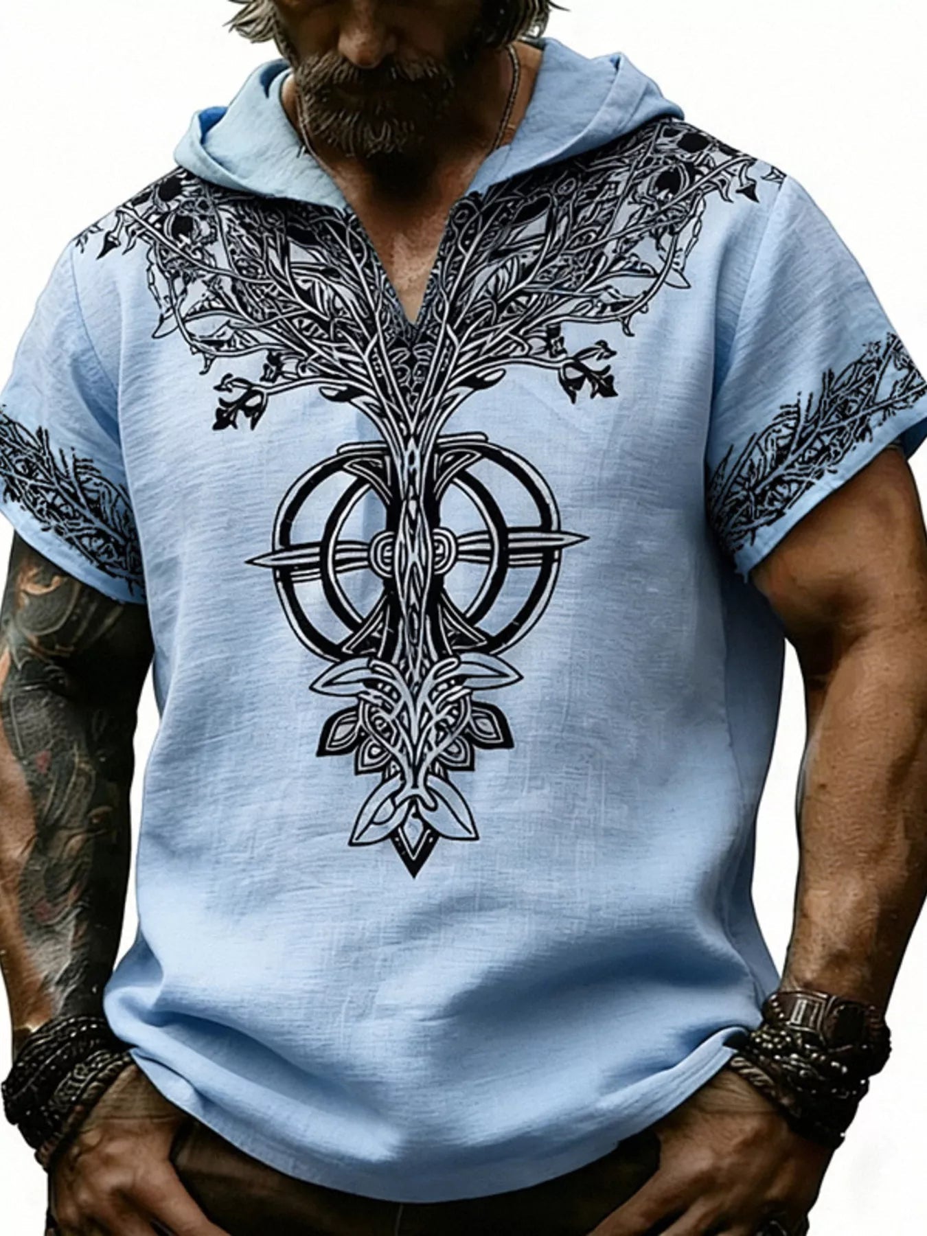 Men's Full Size Printed Hooded Short Sleeve Top Plus Size designed for comfort and style at Lookzlike