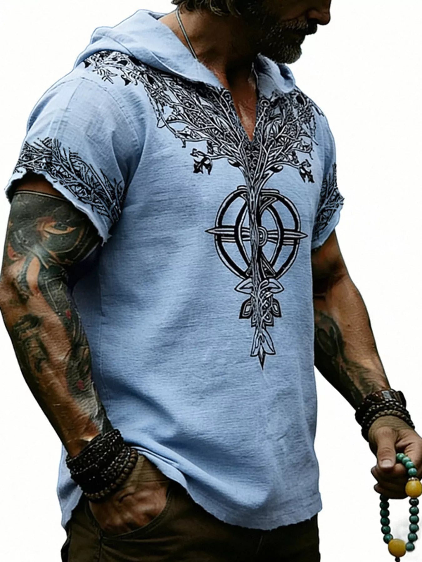 Men's Full Size Printed Hooded Short Sleeve Top Plus Size designed for comfort and style at Lookzlike