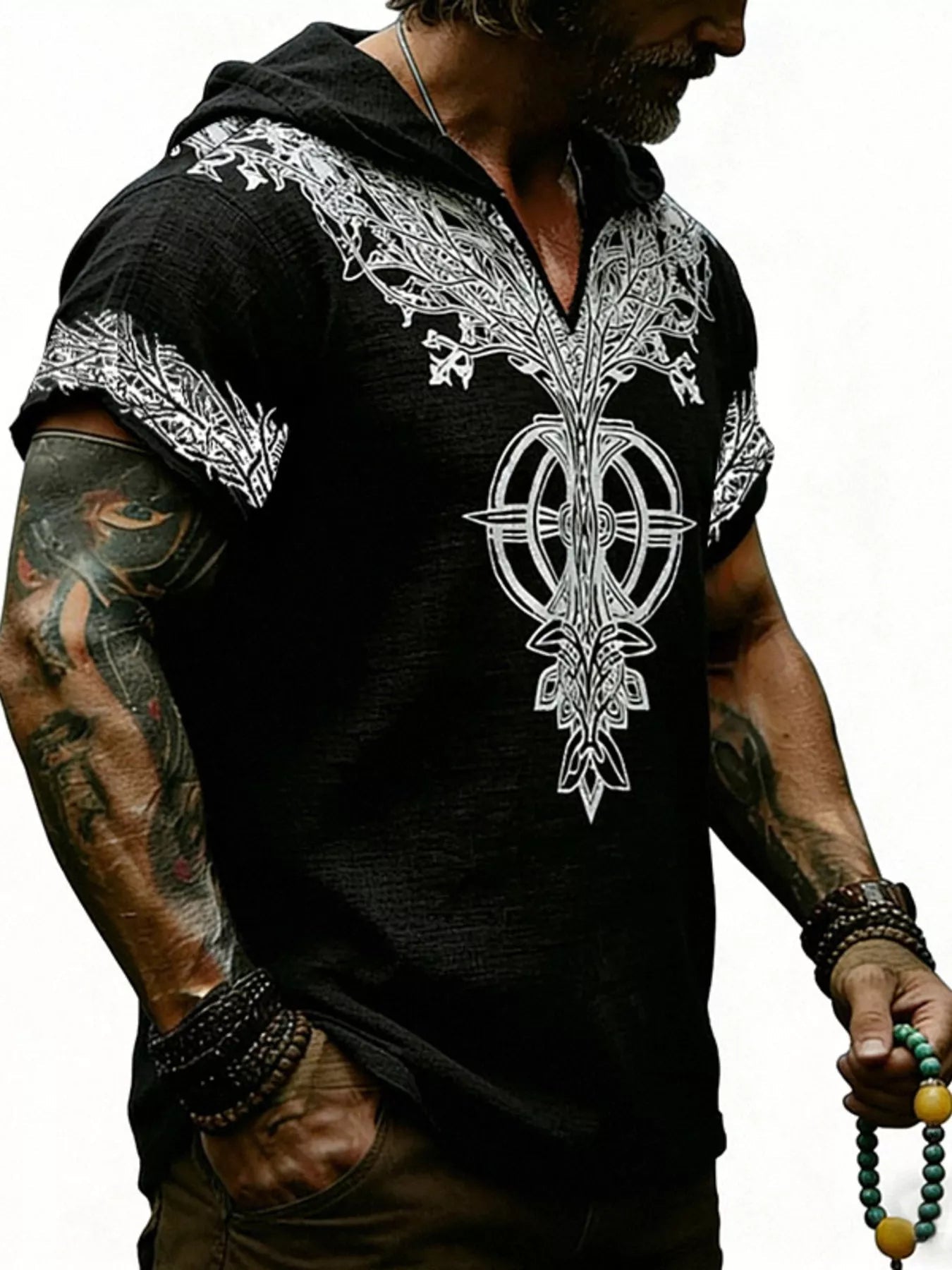 Men's Full Size Printed Hooded Short Sleeve Top Plus Size designed for comfort and style at Lookzlike