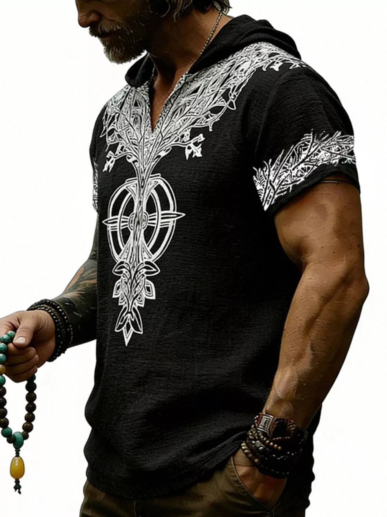 Men's Full Size Printed Hooded Short Sleeve Top Plus Size designed for comfort and style at Lookzlike