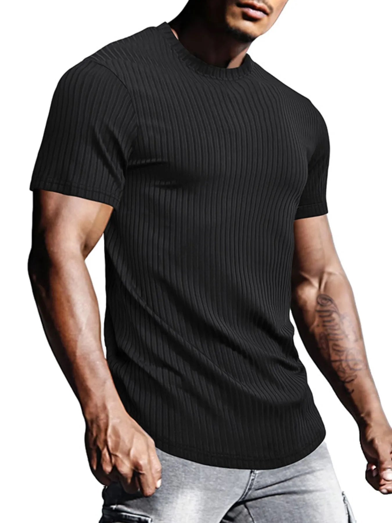 Men's Full Size Ribbed Knit Short Sleeve Round Neck T-Shirt Plus Size - Lookzlike