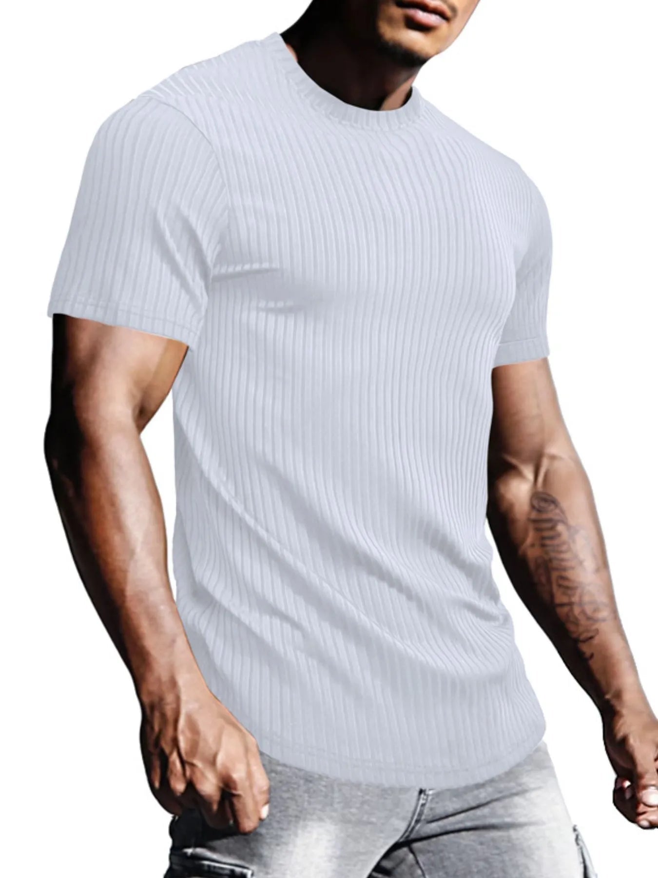 Men's Full Size Ribbed Knit Short Sleeve Round Neck T-Shirt Plus Size - Lookzlike