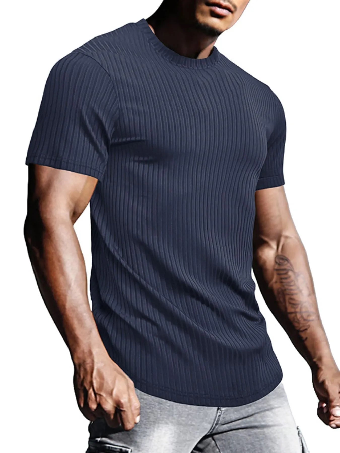 Men's Full Size Ribbed Knit Short Sleeve Round Neck T-Shirt Plus Size - Lookzlike
