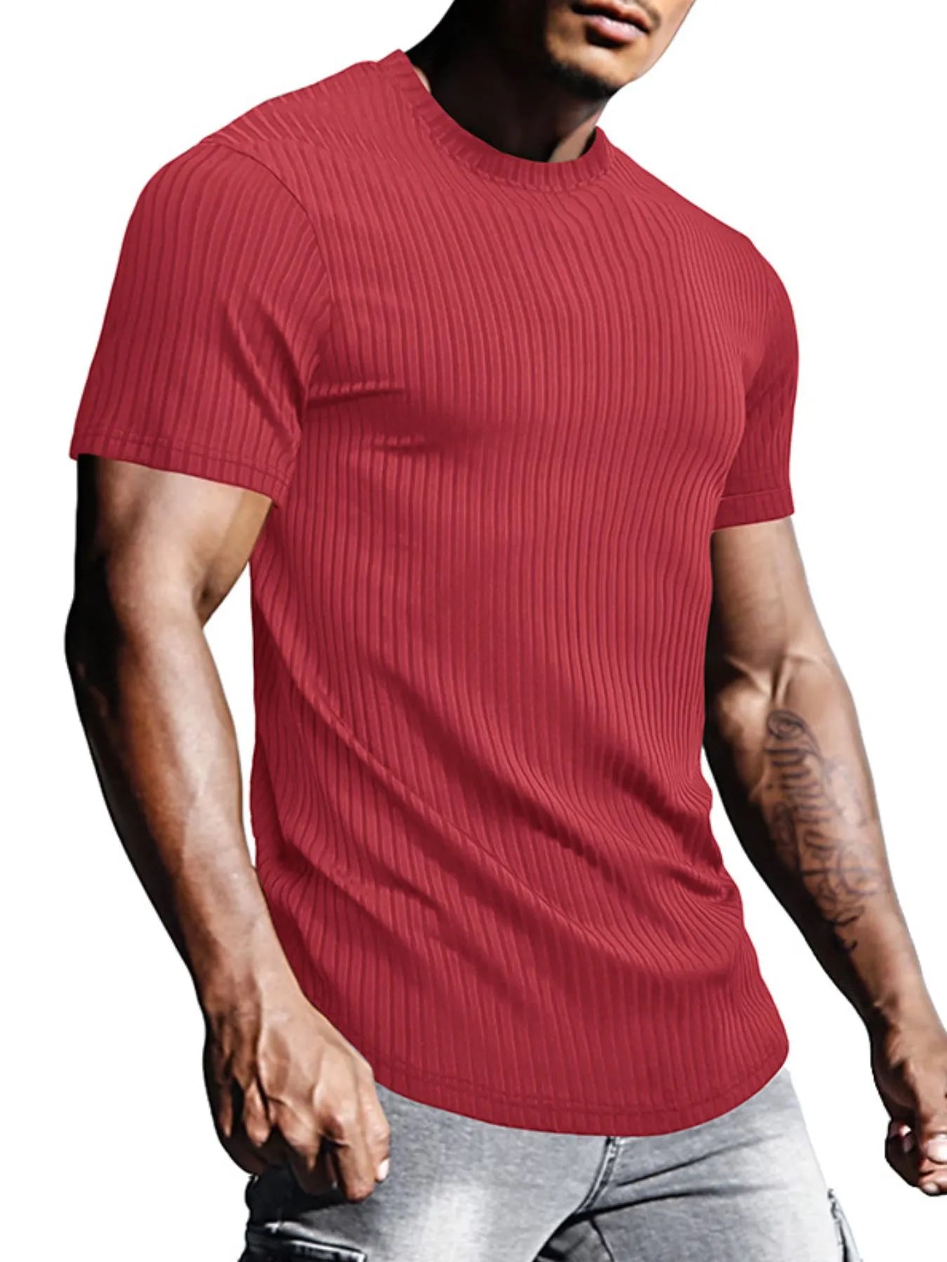 Men's Full Size Ribbed Knit Short Sleeve Round Neck T-Shirt Plus Size - Lookzlike