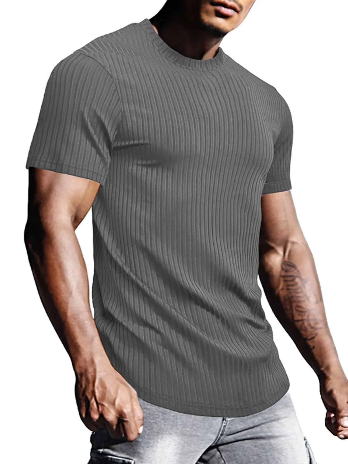 Men's Full Size Ribbed Knit Short Sleeve Round Neck T-Shirt Plus Size - Lookzlike